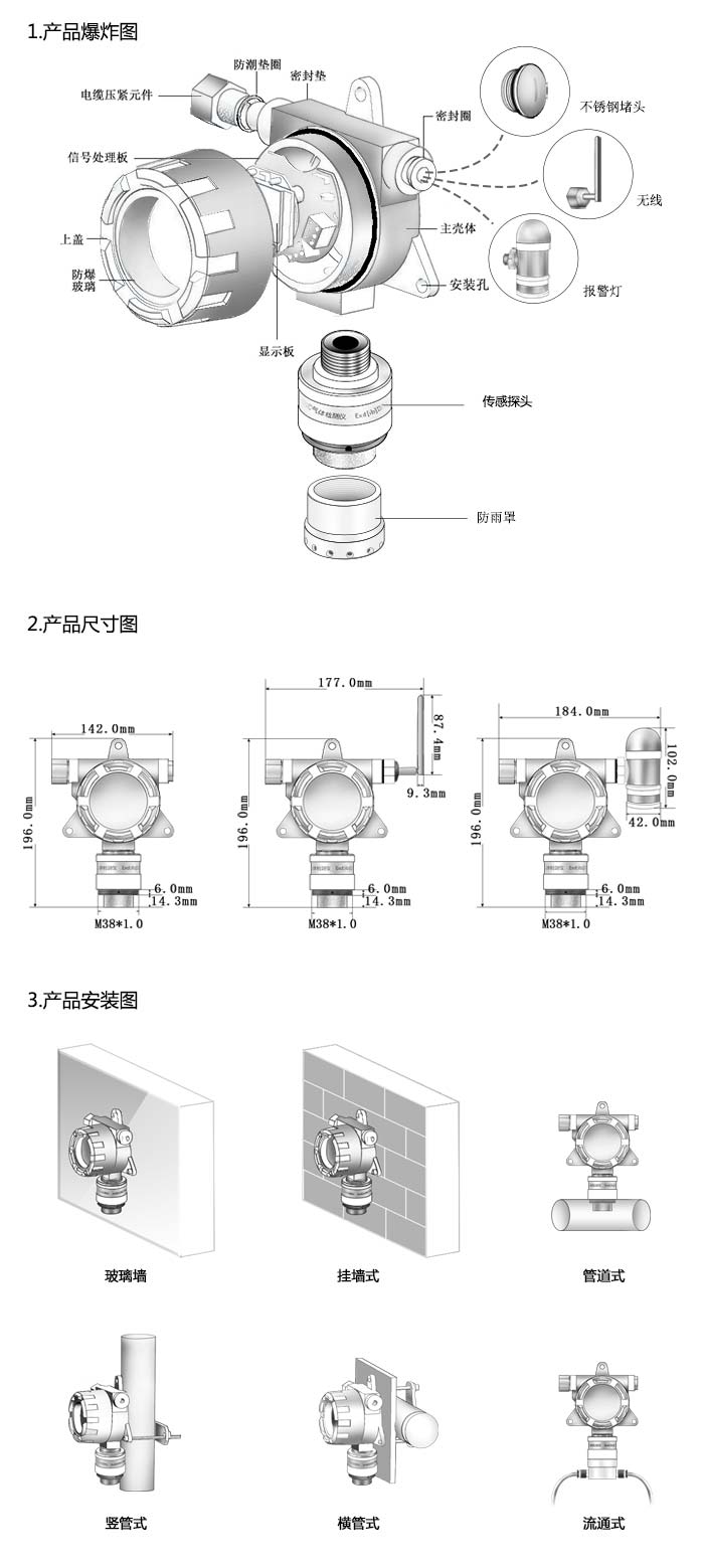 大眾固定安裝式1-碘-2-甲基丙烷濃度檢測儀雙氣型網(wǎng)絡版尺寸與安裝圖